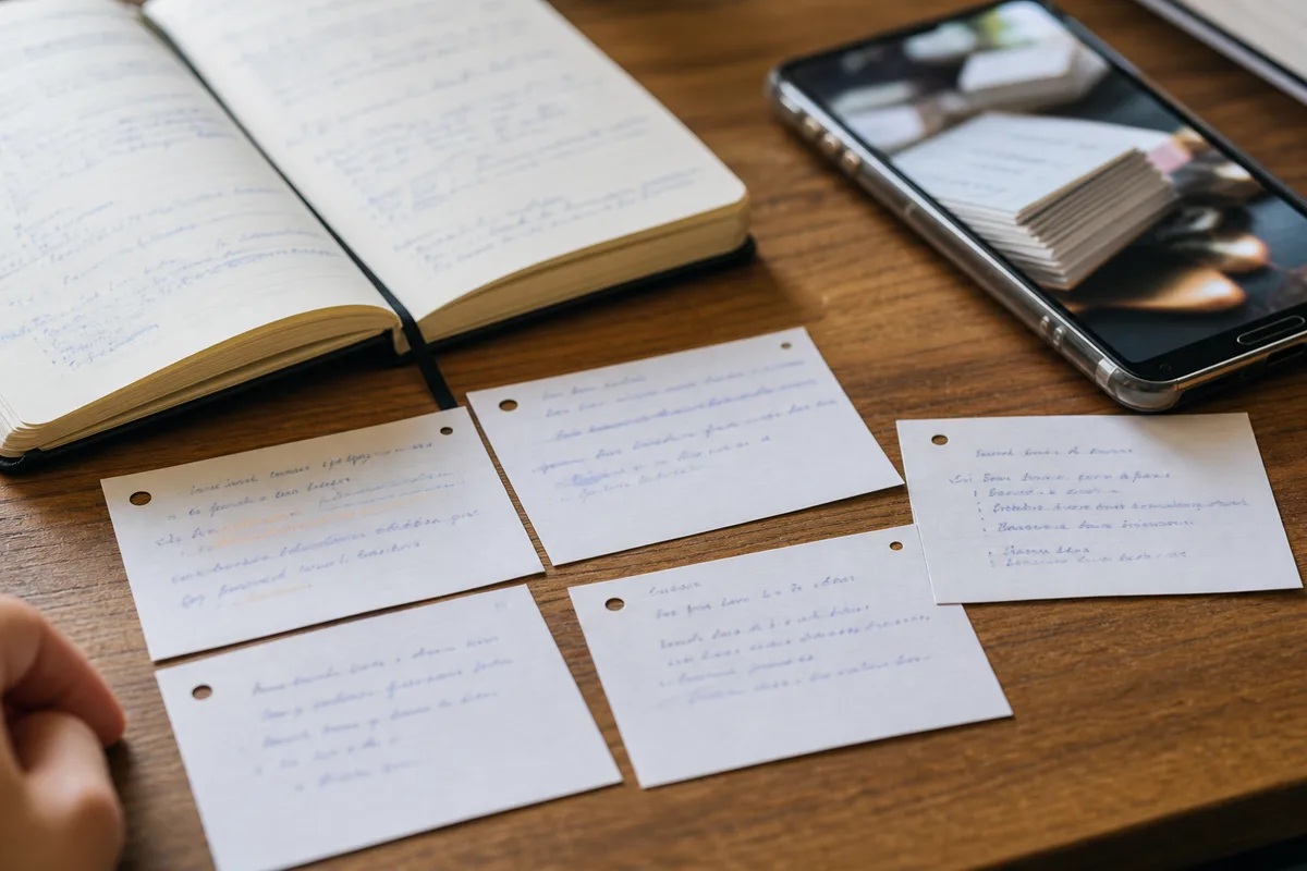 Cartes mémo manuscrites et carnet de révision posés sur un bureau d&rsquo;étudiant