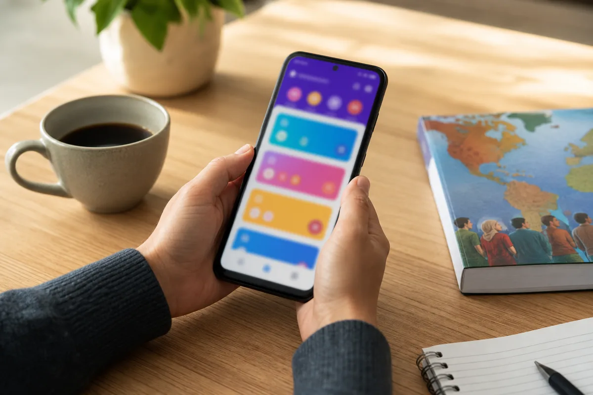 Étudiant révisant une langue sur son smartphone à son bureau
