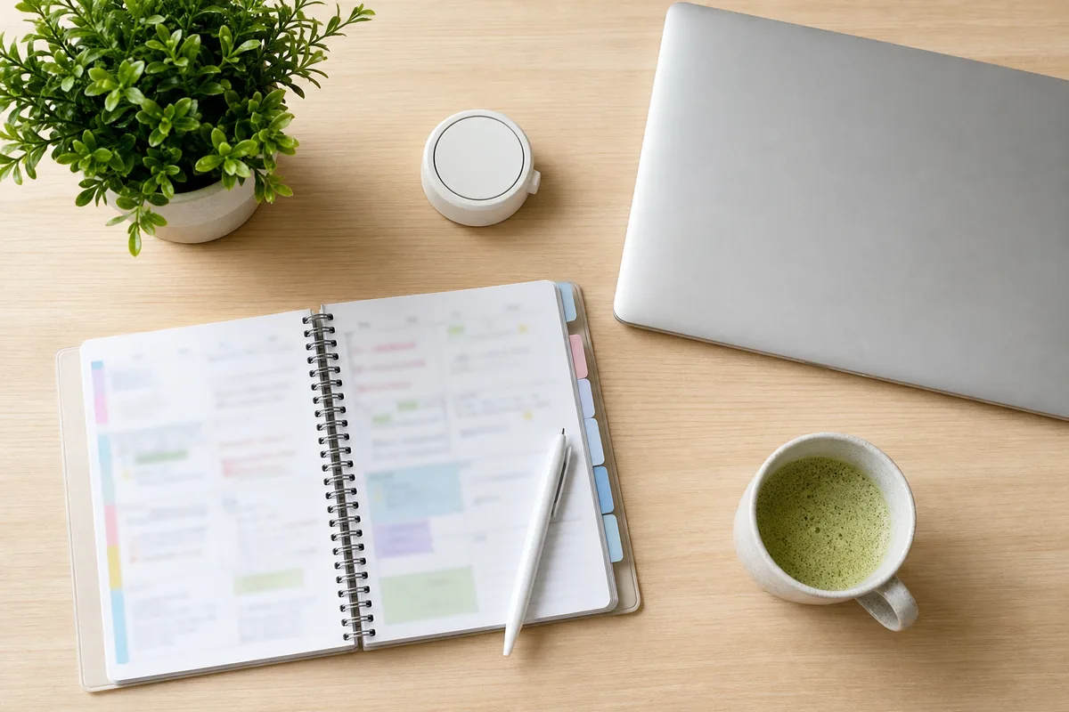 Bureau organisé avec agenda, minuteur et ordinateur pour une routine de révision