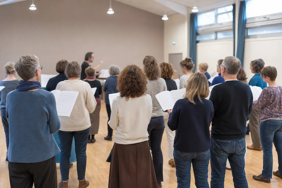 Repetition de chorale amateur en salle, choristes debout sur plusieurs rangs