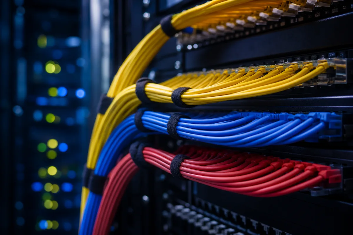 Baie de brassage reseau avec cables fibre optique colores