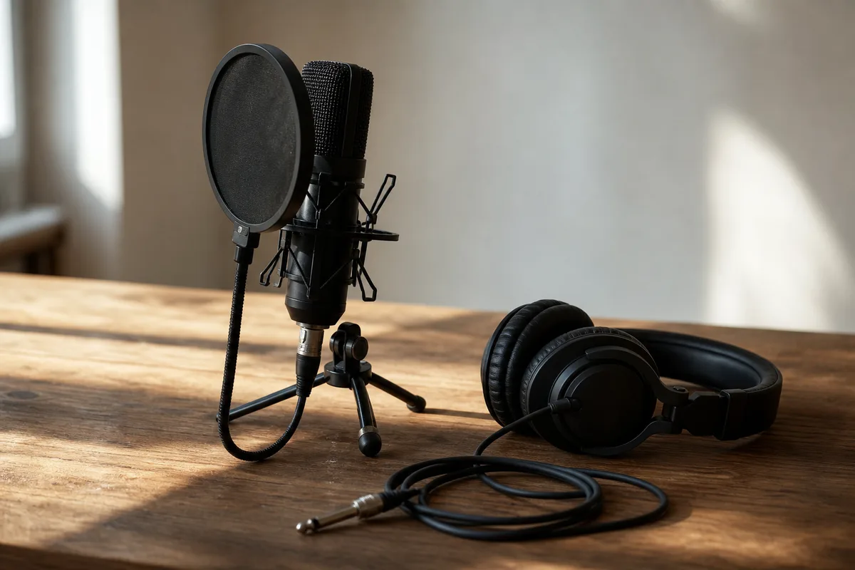 Micro de studio sur pied et casque ferme pose sur un bureau en bois