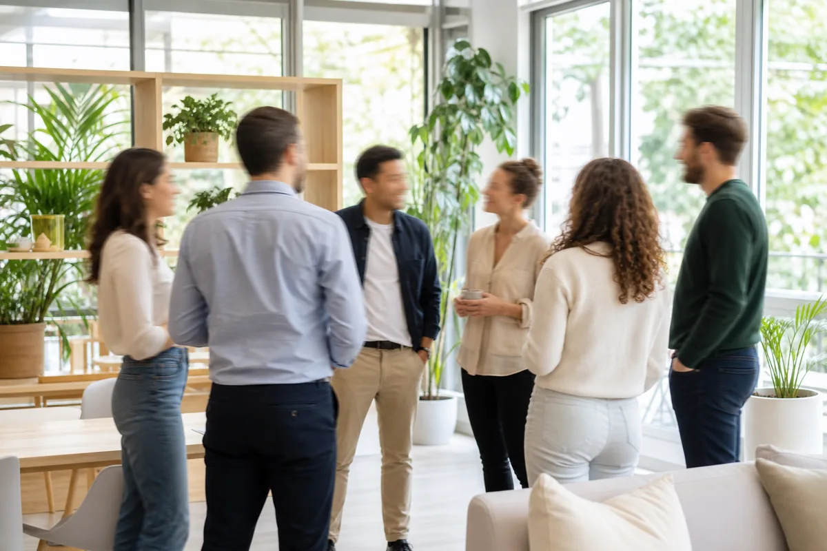 Collegues en cercle dans un espace de bureau lumineux, ambiance detendue