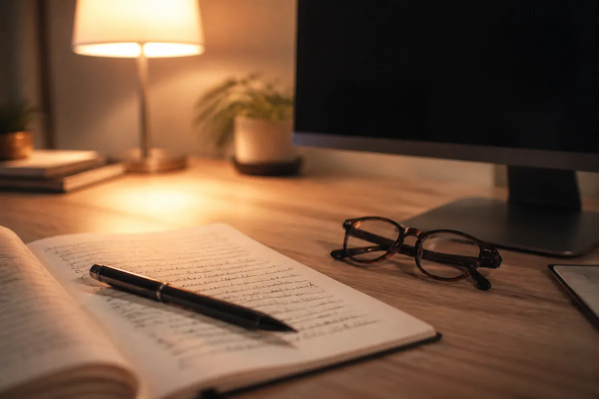 Bureau de travail en fin de journée, lumière basse et carnet de notes ouvert
