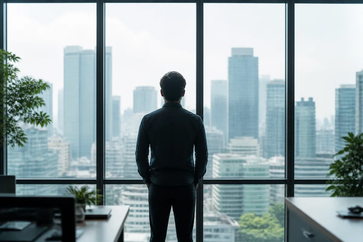 Personne debout près d&rsquo;une fenêtre de bureau, regard tourné vers l&rsquo;extérieur