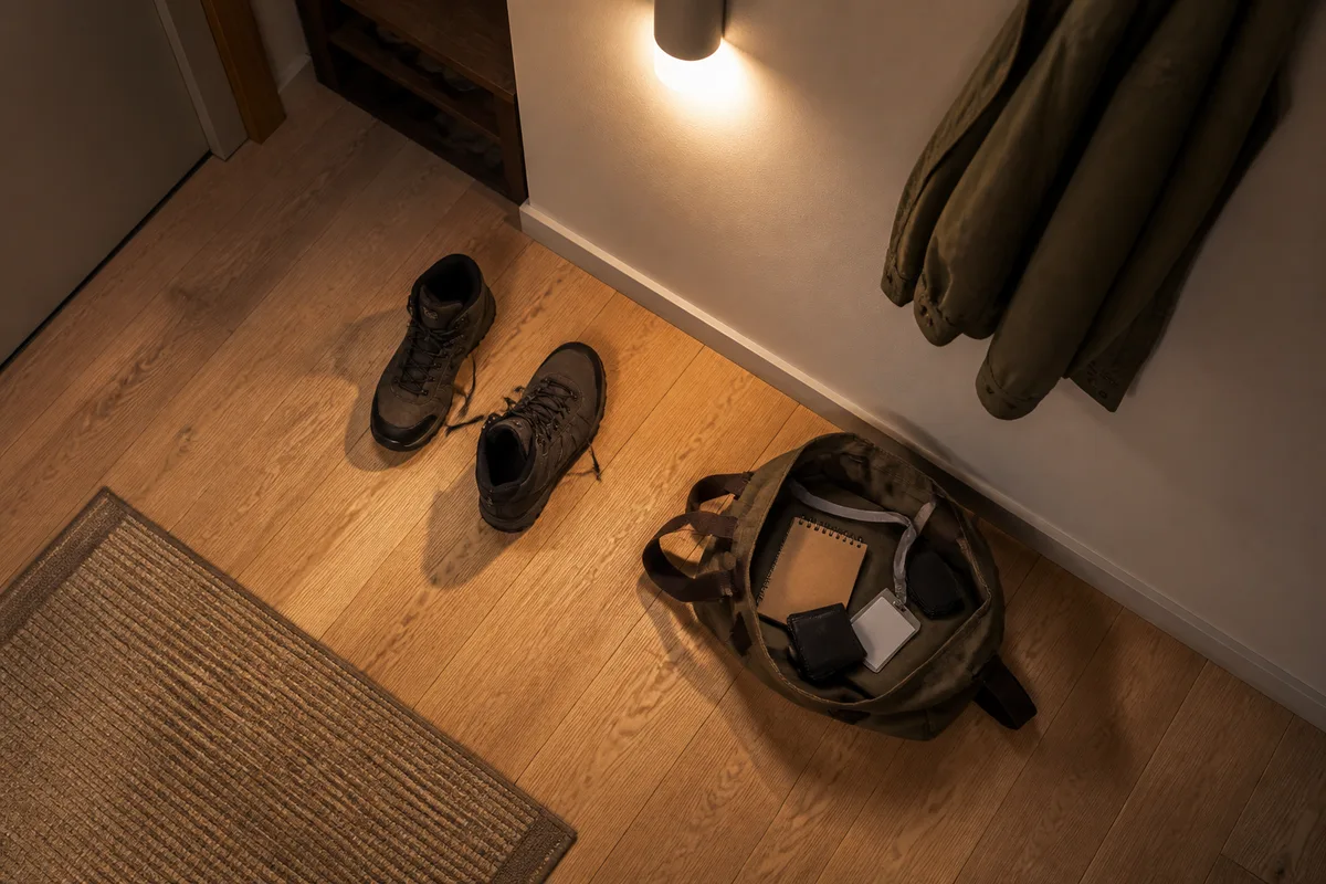 Chaussures de marche et carnet posés dans une entrée, fin de journée de travail