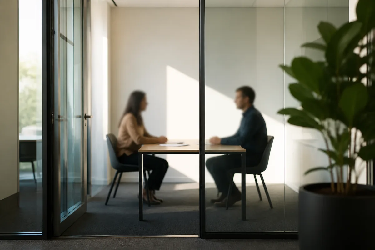 Réunion à deux dans un petit bureau, discussion posée autour d&rsquo;un document