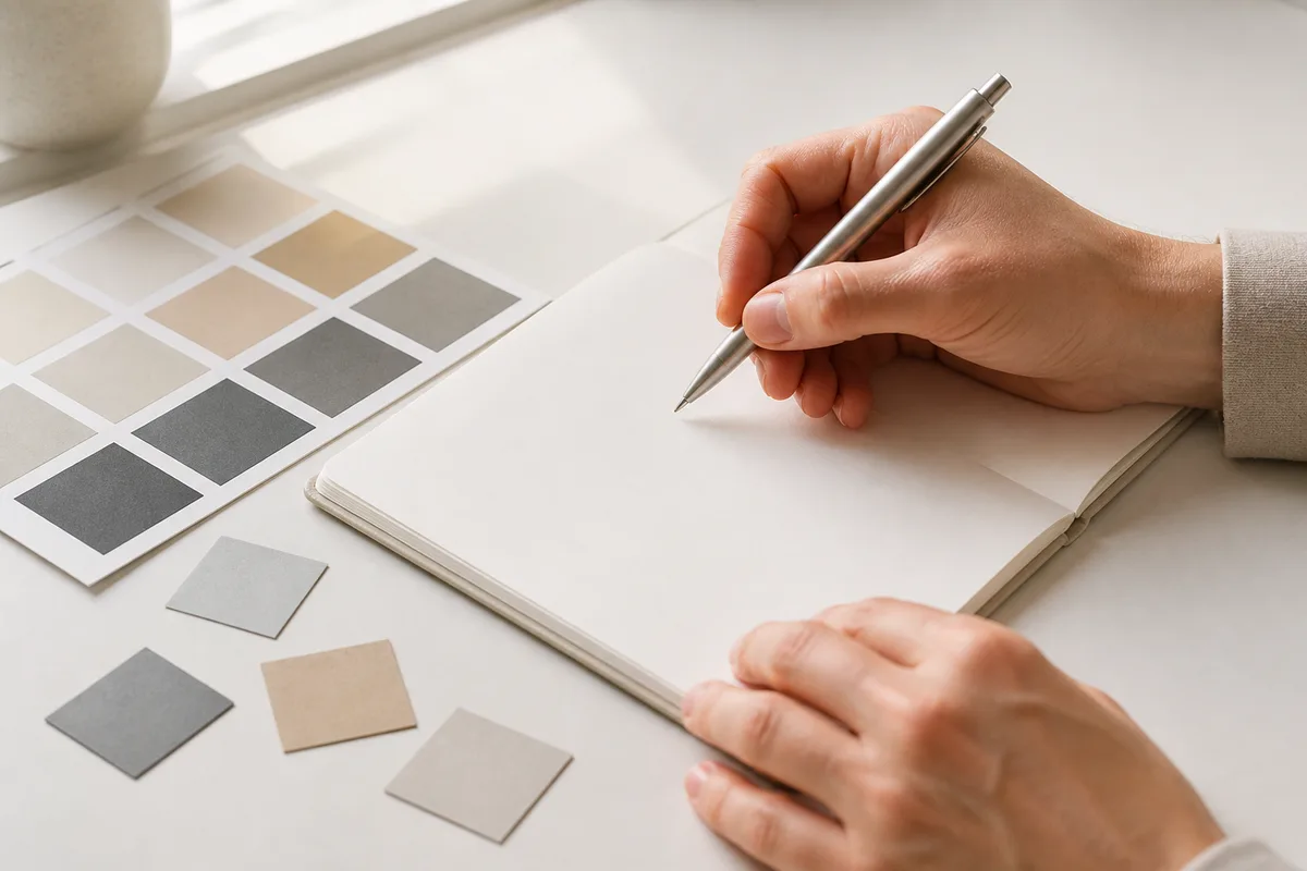 Mains d&rsquo;un dirigeant annotant un carnet à côté d&rsquo;un nuancier de couleurs