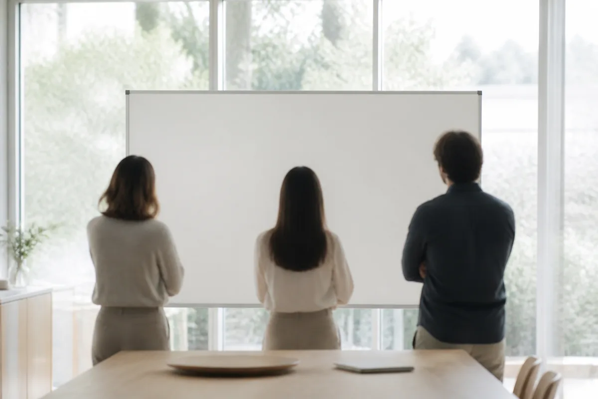 Réunion de travail vue de dos devant un tableau blanc vierge
