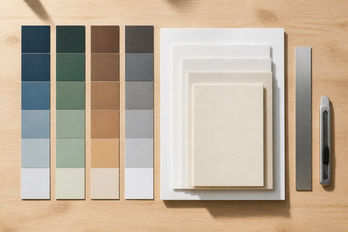 Plan de travail de studio avec échantillons de couleur et feuilles vierges