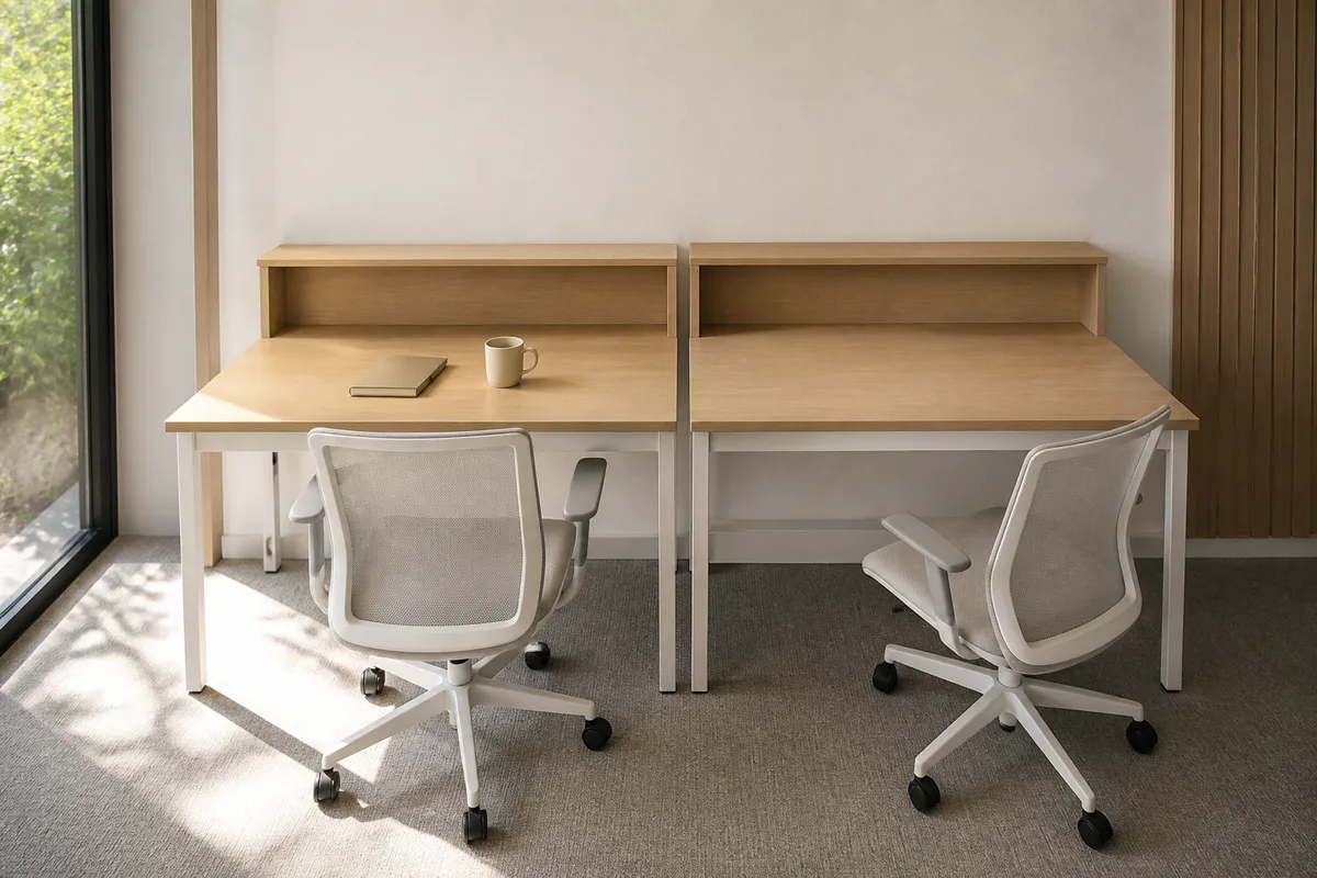 Deux postes de travail côte à côte dont un entièrement vide dans un bureau lumineux