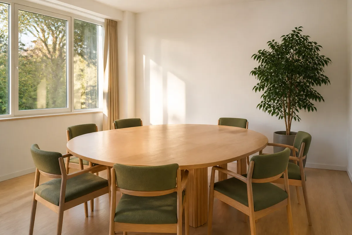 Salle de réunion lumineuse avec table dégagée et sièges alignés