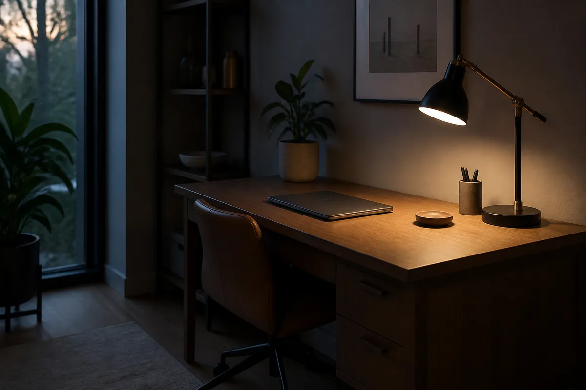 Bureau rangé en fin de journée avec un ordinateur portable fermé et une lampe allumée