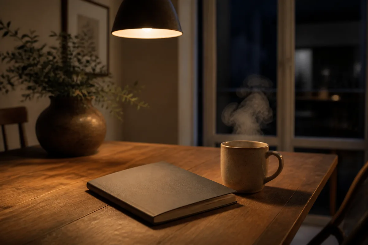 Table de salle à manger avec un carnet fermé et une tasse, ambiance de soirée calme