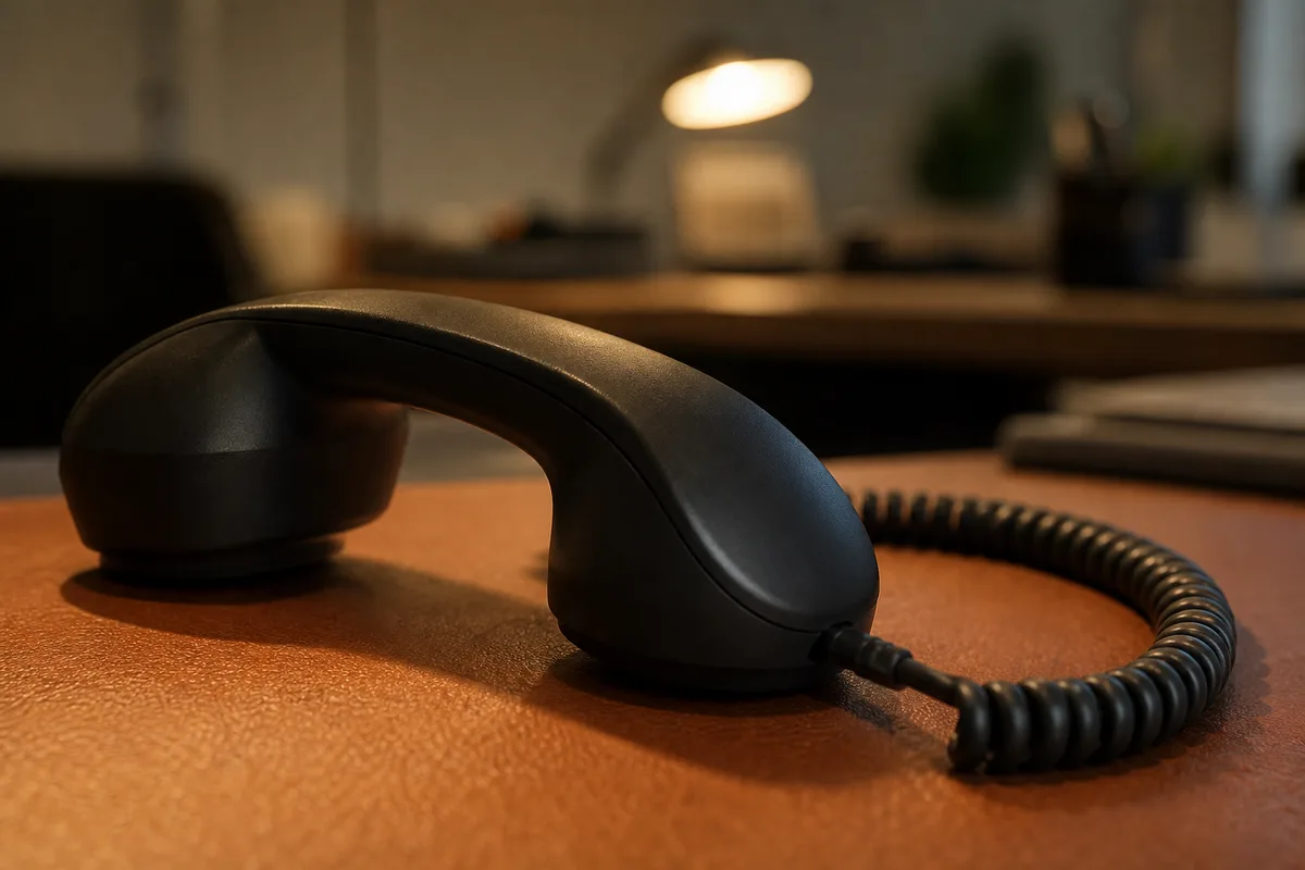 Combine de telephone de bureau decroche pose sur un sous-main en cuir