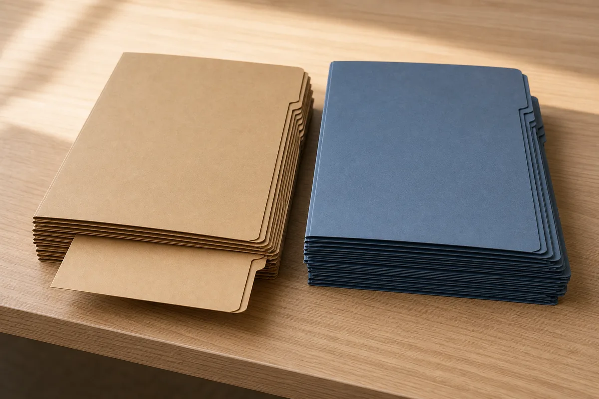 Deux piles de chemises cartonnees triees sur un plan de travail