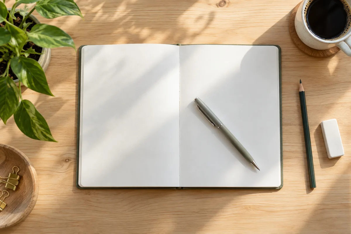 Carnet ouvert aux pages vierges et stylo posés sur un bureau en bois clair