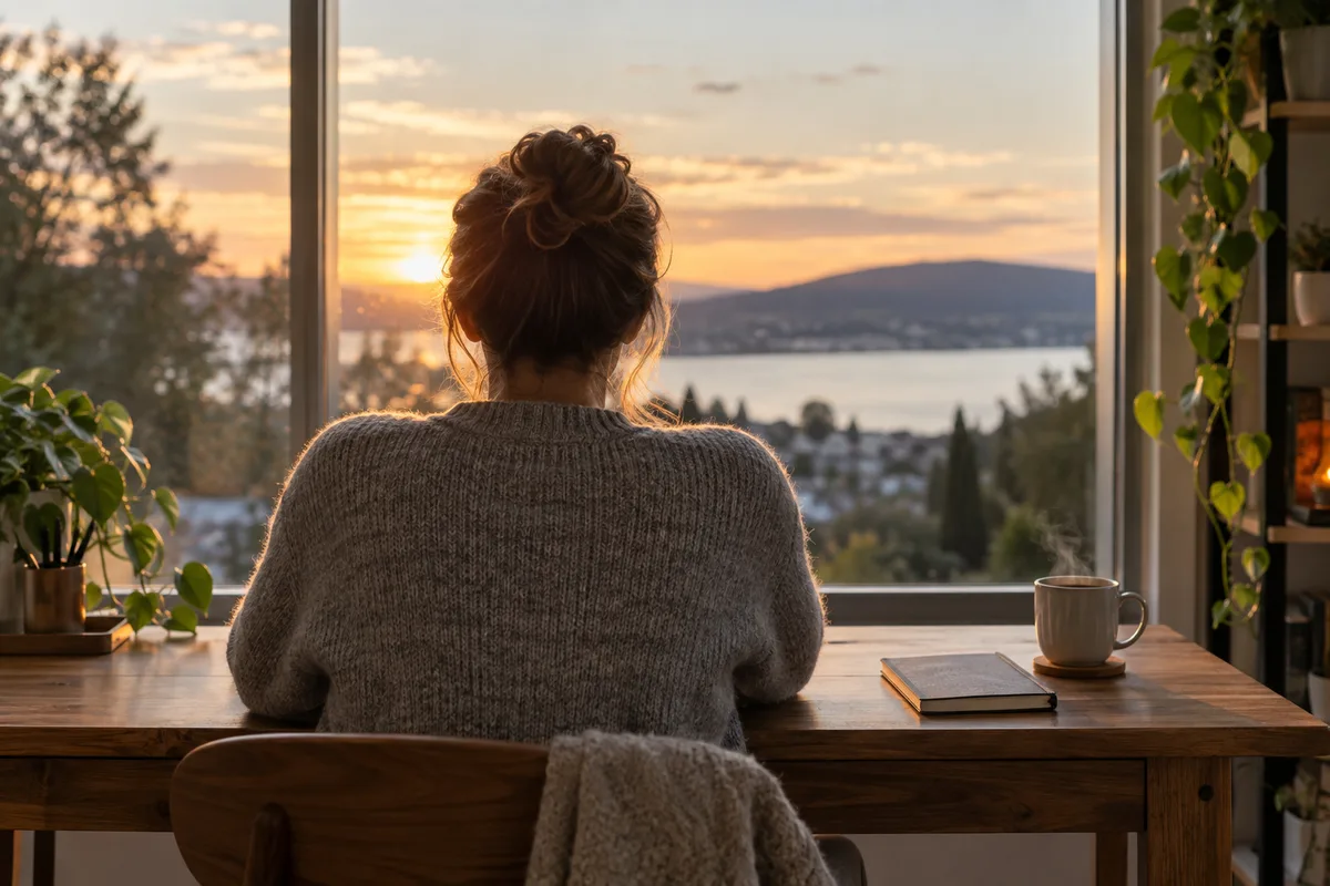 Personne vue de dos à son bureau, carnet refermé posé près d’une tasse