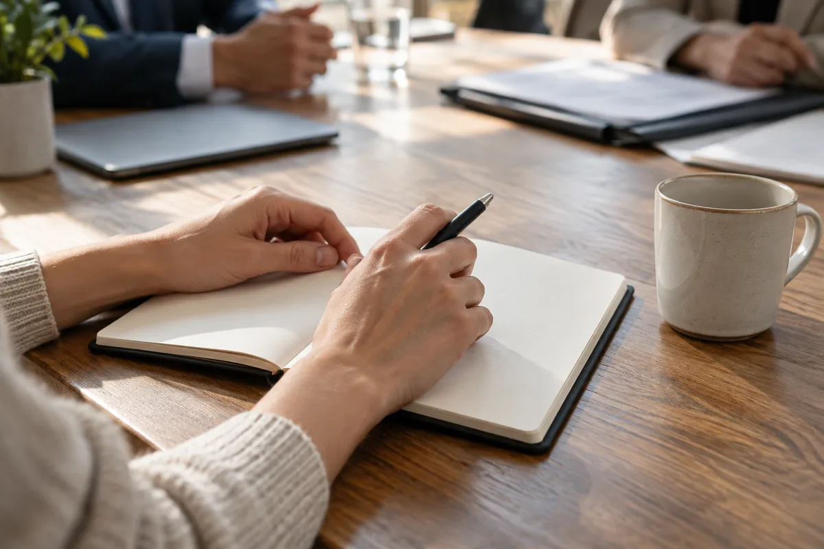 Mains posées sur une table de réunion avec un carnet ouvert et un stylo