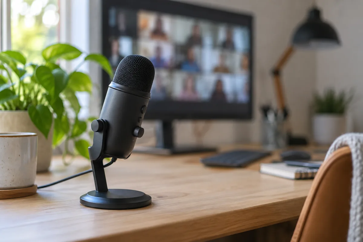 Écran de visioconférence flou sur un bureau, micro de table au premier plan