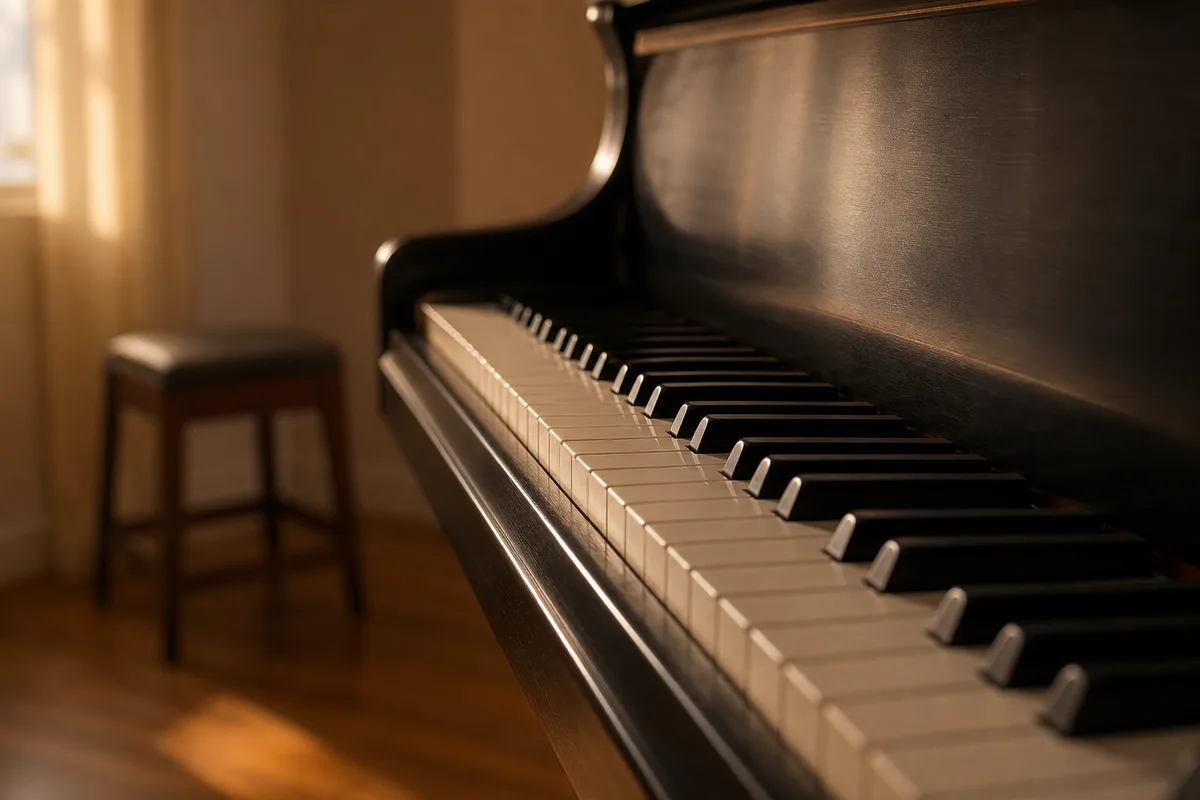 Clavier de piano droit dans une salle de musique en lumière tamisée
