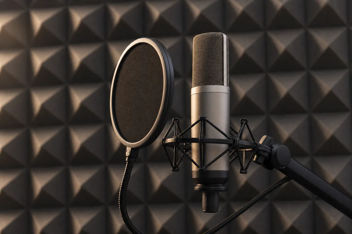 Micro de studio sur pied devant des panneaux acoustiques