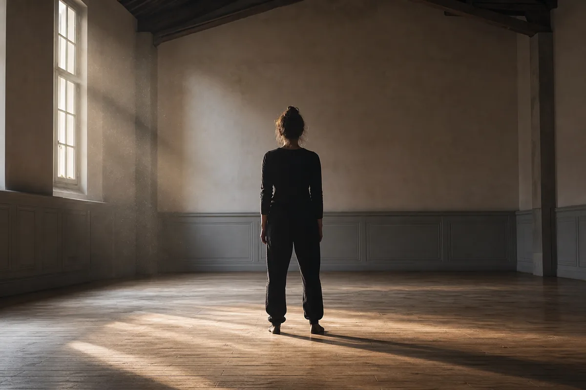 Silhouette de dos d un chanteur debout dans une salle de repetition